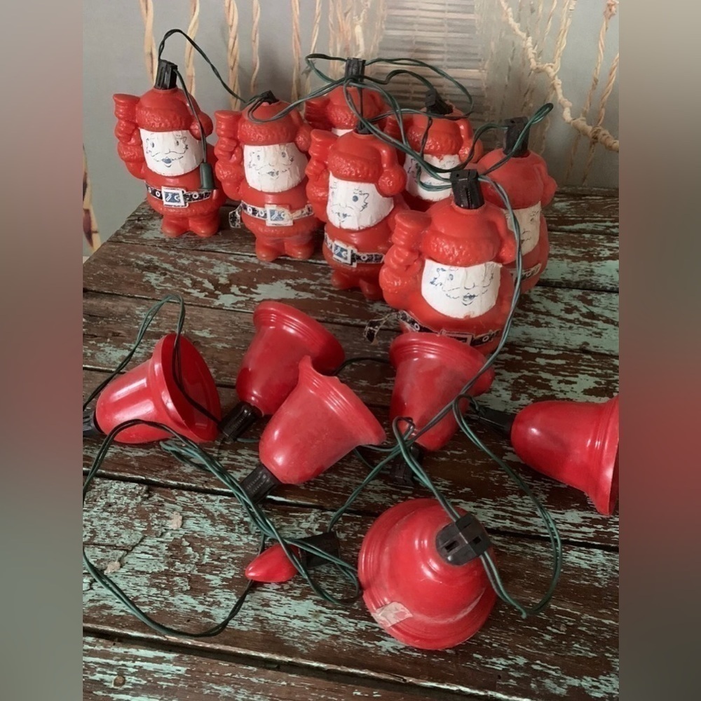 Vintage String Christmas Lights Set 3" Red Hard Plastic Bells + Santa Claus
